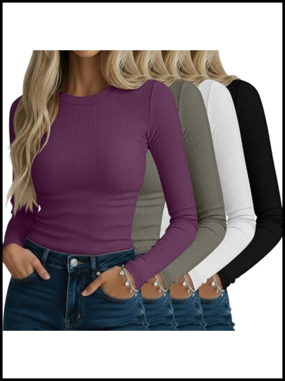 Ribbed Cotton Long Sleeve Crew Neck Slim Fit T-Shirts 4 Pack Layering Tops